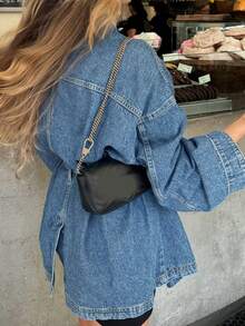 Áo khoác denim nữ thời trang và thanh lịch với thiết kế nơ ở eo, dáng rộng thoải mái. - Rửa trung bình - Xem 4