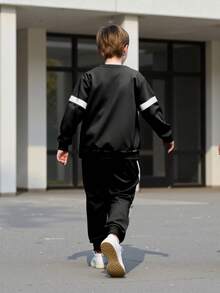 2件套青少年男孩春秋印花运动衫和裤子休闲装 - 黑色 - 查看 6