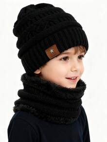 3pcs Kids Winter Knitted Hat Set, Boys Girls Toddlers Knit Beanie, Scarf, Gloves Warm Lining Outfit - Black - View 2