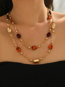 1件优雅个性化波西米亚巴洛克仿珍珠多色树脂块金色几何金属DIY手工女士Y形流苏吊坠项链，专为派对、节日、婚礼、舞会设计。由于手工制作，树脂块的尺寸、颜色和顺序可能会略有不同，这属于正常现象，不会影响整体美观。请放心购买。