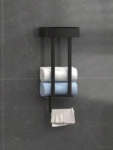 1pc Modern Design Style Wrought Iron Wall Mount Towel Rack With Storage Box - Multi-Function No Punching Bathroom Organizer For 4 Large Towels, Towel Bar/Paper Roll Holder/Phone Holder, Home Decor Accessory, Black