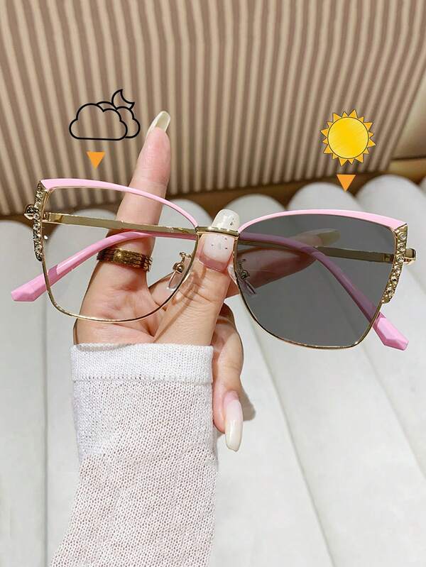 1 Pair Fashionable & Elegant Metal Cat Eye Rhinestone Photochromic Glasses, Collegiate Style Women's High-End Decorative Versatile Casual For Outdoor, Travel, Party