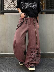 1件 Infinite Jeans 美国休闲品牌拼接男士个性化印花喇叭裤，宽松舒适的街头风阔腿裤（不含腰带和配饰） - 紅色 - 查看 8