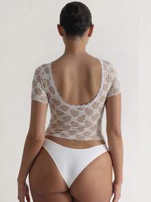 Women's White Lace Short Sleeve Top Fitted, Stretchable Fabric