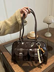1pc Vintage Minimalist Zipper Tote Bag, Decorated With Pockets, Dual Handles, Suitable For Women's Casual Daily And Commuting Use - Coffee - View 3