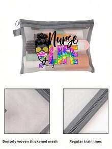 一款大容量网眼化妆包，有5种颜色可选，配有拉链，印有护士、生活、听诊器、口罩等图案。它是一款多功能视觉化妆收纳包、文件多用途旅行包、沙滩手提包。