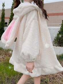 Women's Cute Bunny Ear Jacket Soft Plush Hoodie Kawaii Fashion Outerwear - trắng - Xem 1