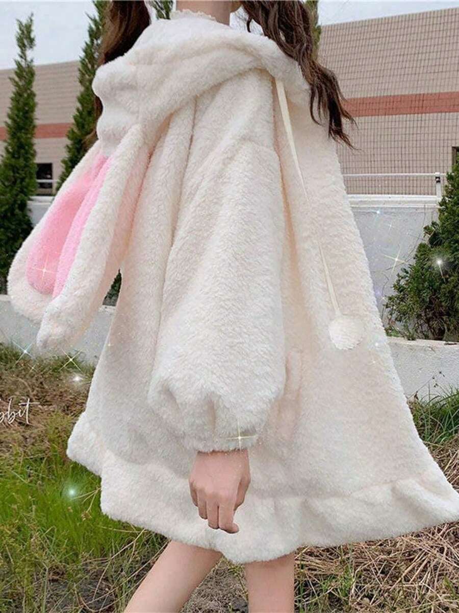 Women's Cute Bunny Ear Jacket Soft Plush Hoodie Kawaii Fashion Outerwear - trắng - Xem 1