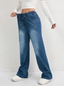 Women's High Waisted Stretch Wide Leg Jeans – Pull-On Baggy Denim Pants With Drawstring & Pockets | Casual Dressy Straight/Barrel Leg Trousers ﻿ - 深天藍 - 查看 4