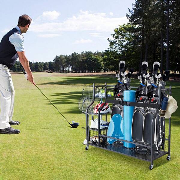 Organisateur de rangement de golf pour garage, support de 3 sacs de golf et autres étagères de rangement d'équipements sportifs, chariot roulant, rangement d'équipements et jouets de sport extérieur avec paniers et crochets, en acier, noir