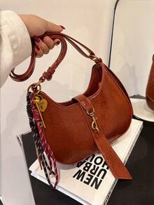 Geantă mică texturată la modă pentru femei, geantă de umăr cu mâner superior vintage nouă de toamnă/iarnă, geantă versatilă în formă de semilună cu pandantiv