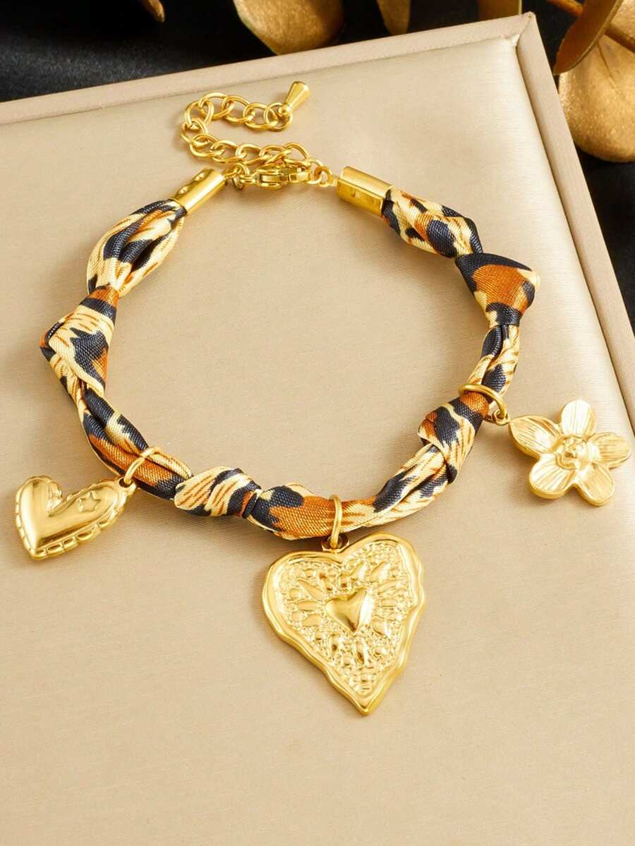 1 Multicolor Leopard Print Ribbon Knotted Bracelet Gold-Plated Retro Heavy Industry Sun Heart Flower Pendant Pendant For Women's Bracelet