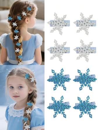 8件迷你亮片雪花发夹可爱蓝白雪公主发夹小圣诞发夹冬季发夹万圣节圣诞发饰女孩