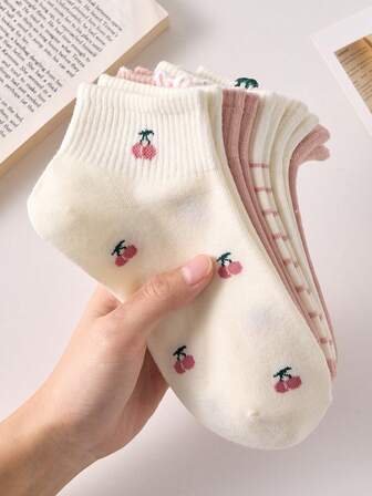 5 pares de calcetines cortos antideslizantes para mujer con patrones de cerezas y fresas rosas, adecuados para todas las estaciones