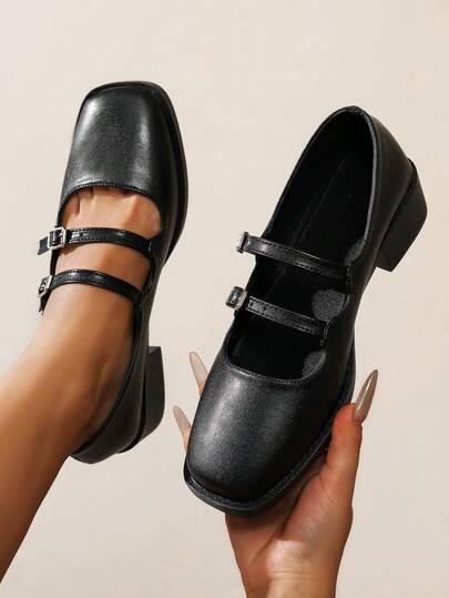Scarpe Mary Jane da donna per primavera/autunno, nuove, con fibbia in metallo nero e design a doppia cinturino, eleganti e versatili per abiti, feste e ballo. Scarpe casual da esterno e vacanza, stile minimalista europeo e americano, punta quadrata e tacco largo medio