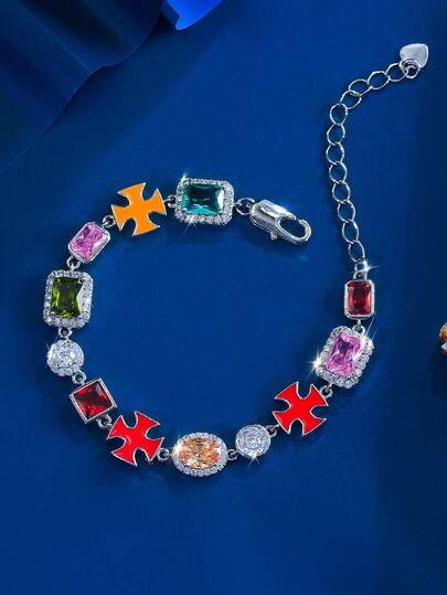 1 pieza Cadena chapada en plata y oro con dije de cruz con circonita cúbica redonda y cuadrada, accesorio de joyería de fantasía para mujer para boda, fiesta, baile de graduación, regalo para damas, novias, esposa