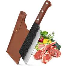 Cuchillo Vikingo martillado, Cuchillo Carnicero Forjado A Mano Con Vaina, Cuchillos Chef De Cocina, Acero De Alto Carbono, Aplicar Para Hogar, Camping, Barbacoa, Restaurante, Corte De Carne - Marrón Y Negro - Ver 2