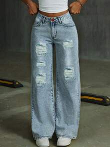 Teen Girls' Casual Distressed Wide-Leg Jeans, Minimalist Fashion For Daily Wear - Light Wash - View 2