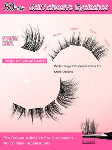 50pcs C-Curl Self-Adhesive Individual Lashes Set, 8-16mm Mixed Sizes, DIY Eyelash Extension Kit With Tweezers And Lash Curler, No Glue Needed, Segment Fake Lashes With Spikes, Suitable For Daily And Party Use - 黑色 - 查看 5