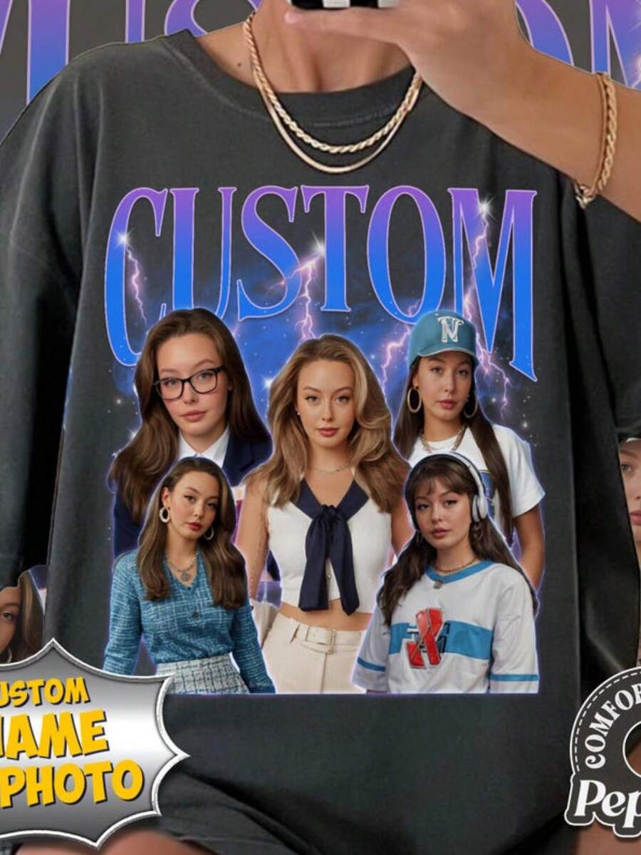90s Vintage Bootleg Shirt, Custom Bootleg Rap Tee, Custom Face Shirt, Custom Christmas Gifts, Custom - 黑色 - 查看 1