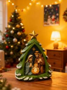 圣诞耶稣诞生场景树脂摆件 - 树形圣家摆件，饰有金色星星，节日家居装饰，适用于桌面和客厅，宗教圣诞装饰，增添节日氛围，是圣诞节和信仰爱好者的完美礼物。圣诞装饰 家居圣诞礼物 圣诞装饰