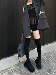 بوت نسائية فوق الركبة، بوت سوداء، بوت جوارب مرنة مصنوعة من الأقمشة المحبوكة، بوت طويلة ذات كعب سميك، بوت خريفية، بوت كعب عالي بأصبع مربع، بوت طويلة أنيقة سهلة الارتداء