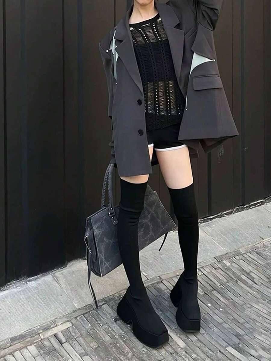 بوت نسائية فوق الركبة، بوت سوداء، بوت جوارب مرنة مصنوعة من الأقمشة المحبوكة، بوت طويلة ذات كعب سميك، بوت خريفية، بوت كعب عالي بأصبع مربع، بوت طويلة أنيقة سهلة الارتداء