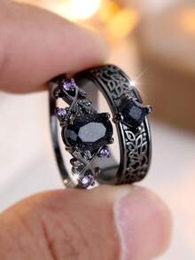 Royal Blue Crystal Oval Stone Purple Zirconia Ring Sets For Women Black Metal Engagement Bands Wedding Jewelry Set Versatile Gifts