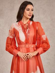 女士V领泡泡袖水钻饰边抽绳喇叭下摆随机印花优雅度假连衣裙 - 橘色 - 查看 7