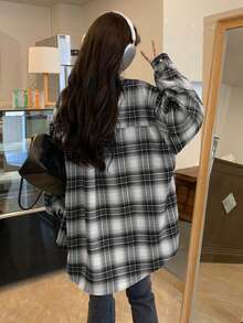 格子随机条纹前扣口袋纽扣休闲旅行乡村音乐节春夏长袖女衬衫背心 Y2K 格纹衬衫套装 - 黑與白 - 查看 5