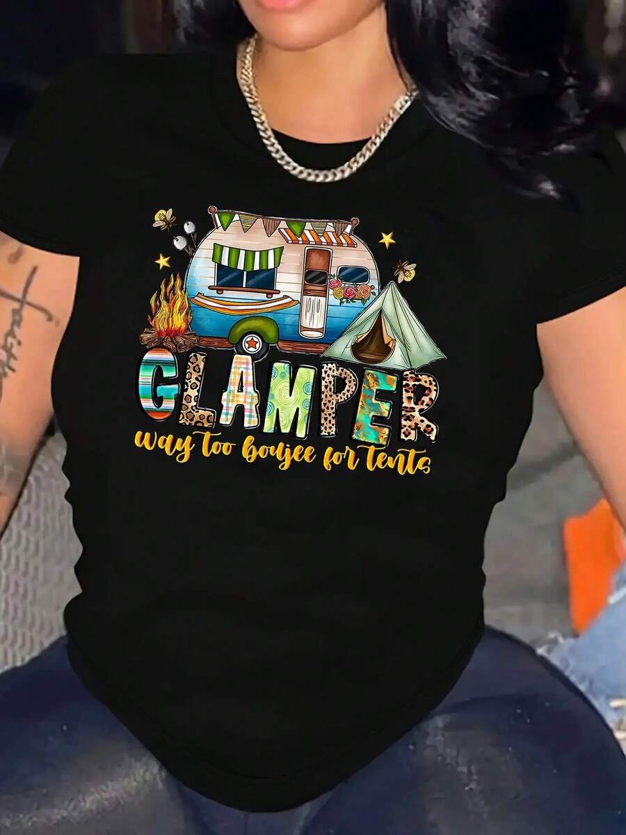 Size - Light Pink Camping Pattern T-Shirt For Women - Soft, Stretchy, And Comfortable Crew Neck T-Shirt With Geometric Pattern, Suitable For Road Trips, Camping, And Casual Wear, Camping Clothes, Travel Clothes, Playful Design, Stretch Fabric Tops, Winter Clothes For Women, Autumn Christmas Set For Women, Christmas Set For Women - 黑色 - 查看 1