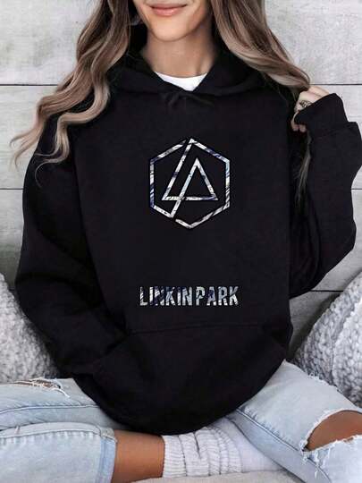 Linkin Park Logo auf schwarzem Shirt, Rundhals Kurzarm Kapuzenpullover, gemusterter Sweatshirt für Frauen und Männer