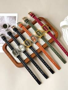 1 Pieza Reloj de mujer vintage, de moda, sencillo y casual, con caja ovalada elegante, correa de PU, esfera pequeña y elegante con detalles de pedrería, perfecto para uso diario, regalos de cumpleaños, fiestas, reuniones festivas, y como regalo ideal para ti o tus amigos. Sin caja.