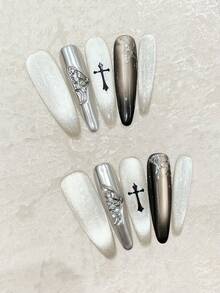 10 件 Y2K 蝴蝶翅膀装饰美甲套装，包含金属猫眼、水钻、蜘蛛网图案、可重复使用的指甲贴，适合派对、音乐会，轻巧奢华 - 銀色 - 查看 19