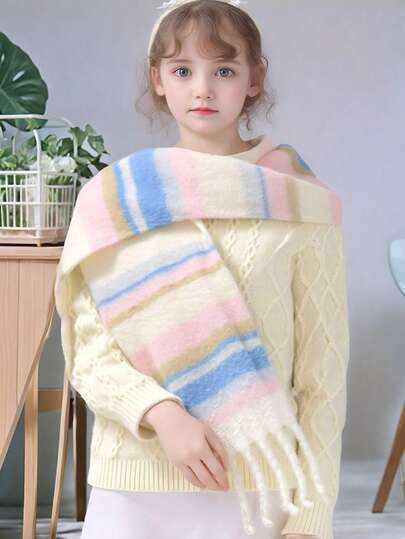 1 pièce Écharpe douce en fausse cachemire à rayures arc-en-ciel mignonne pour enfants, tour de cou chaud et coupe-vent pour l'automne/l'hiver, convient aux enfants de 9 à 16 ans, pour l'extérieur, l'école, les anniversaires, les fêtes, Noël, les étudiants