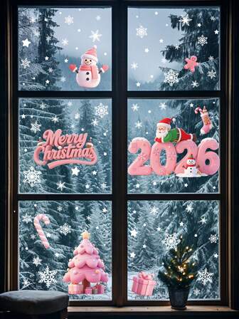 4pcs/Set Pink Christmas 2026 Window Stickers, Merry Christmas Santa Claus Christmas Tree Glass Static Cling Decals, Home Party Window Decoration