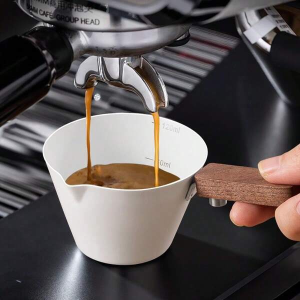 LOMILD [Coffee Extraction Cup]1Pc Wooden Handle Espresso Cup, 100ml Small Milk Cup, White/Black/Silvery Sauce Cup With Handle, Espresso Measuring Cup With Scale, Sharp Mouth Shot Cup For Coffee Maker Precise Pouring Barista Accessories, Espresso Shot Cup, Barista Tools, Sleek Design, Modern Barista Accessory, Foodgrade Material, Construction, Scale Cup, Cafe Owners, Coffee Enthusiasts