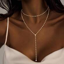 Luxval Lariat Gold Necklace For Women, Dainty Long Necklace 14k Gold Plated/Silver Y-Shaped Pendant Necklaces  Beaded Chain Drop Necklaces Jewelry For Women Gifts{"Color_name":"Gold-Wavecz"} - Gold-wavecz - 查看 6