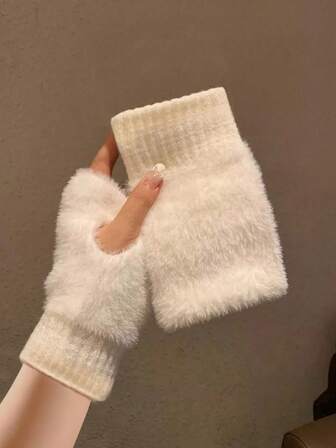 1對貂毛絨柔軟的冬季半指手套,女式溫暖奢華的純白色毛絨針織無指手套,手腕暖手套寫字手套