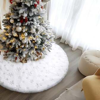 白色圣诞树裙，饰有雪花亮片，白色绒毛点缀闪亮雪花亮片，适用于圣诞树装饰、圣诞装饰、圣诞派对装饰、温馨圣诞礼物、家居圣诞装饰、圣诞礼物、圣诞装饰