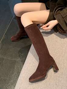 女士时尚靴子，2025秋冬新款，高跟厚底弹力绒面革修身靴，厚底过膝靴，高跟后拉链礼服靴，棕色长靴，酒红色高跟鞋 - 棕色 - 查看 5