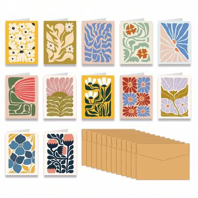 12 Packs Mid Century Modern Flower Note Card Set With Envelopes/Thank You/Blank Card/Floral Card/Gold Monstera For Envelopes/Kraft Envelopes Back To School