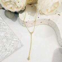 Luxval Lariat Gold Necklace For Women, Dainty Long Necklace 14k Gold Plated/Silver Y-Shaped Pendant Necklaces  Beaded Chain Drop Necklaces Jewelry For Women Gifts{"Color_name":"Gold-YCZNecklace"} - 黃金-YCZ項鍊 - 查看 4