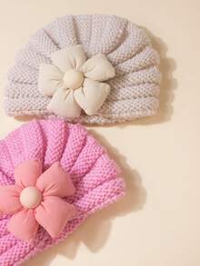 2pcs Floral Baby Knit Beanies, Solid Color, Suitable For Daily Wear - Multicolor - View 4