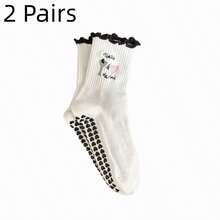 European Sizes 36-43, 2 Pairs Of Adorable Embroidered Yoga Socks With Dotted Accents For Women
