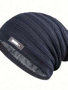 Gorro de punto para hombre de otoño/invierno, gorro de punto acanalado y cálido de moda, gorro de lana con forro térmico grueso