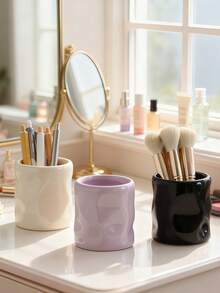 1pc Ceramic Makeup Brush Holder - Handcrafted Textured Design, Dual-Purpose Decorative Brush Holder For Vanity, Office, Bedroom - Elegant Home Decor Gift (Purple/Beige), Bedroom Storage Box, High-Quality Craftsmanship - Multicolor - View 10