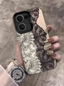 Europeiskt och amerikanskt svartvitt kontrastspetsmönster med fjäder IMD färgglatt silver skal för telefon kompatibelt med Apple 17 Pro Max 16 Pro personlig 15 Plus kreativ patchwork 13 12 kvinnor 11 skyddande skal - Svartvit - Visa 1