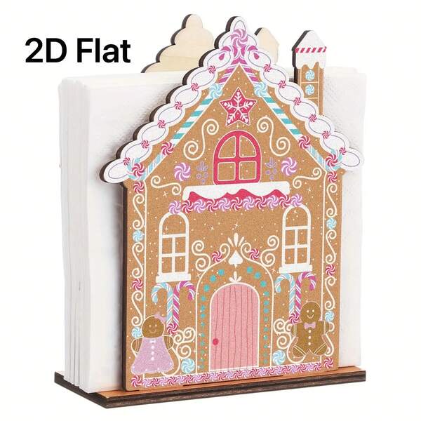 2D Flat 1pc Winter Christmas Thickened Wooden Napkin Holder, Gingerbread House Style, Retro Vintage Rustic Decorative Paper Towel Box For Dining Table, Bedroom, Office, Holiday Party Decor Gift, No Power Supply, No Feather, 2D Flat Design