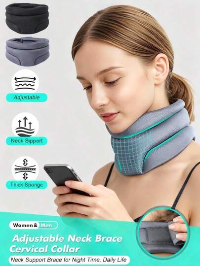 1 Pc- Adjustable Neck Brace Cervical Collar, Soft Foam Wraps, Comfortable Neck Support Brace For Night Time, Daily Life, Travel, Driving, Black/ Grey, For Neck Circumference:20-40cm/ 7.8-15.7in